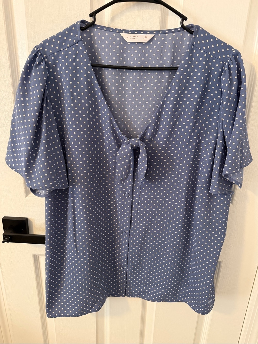 LC Lauren Conrad Blue Polka Dot Tie-Front Blouse